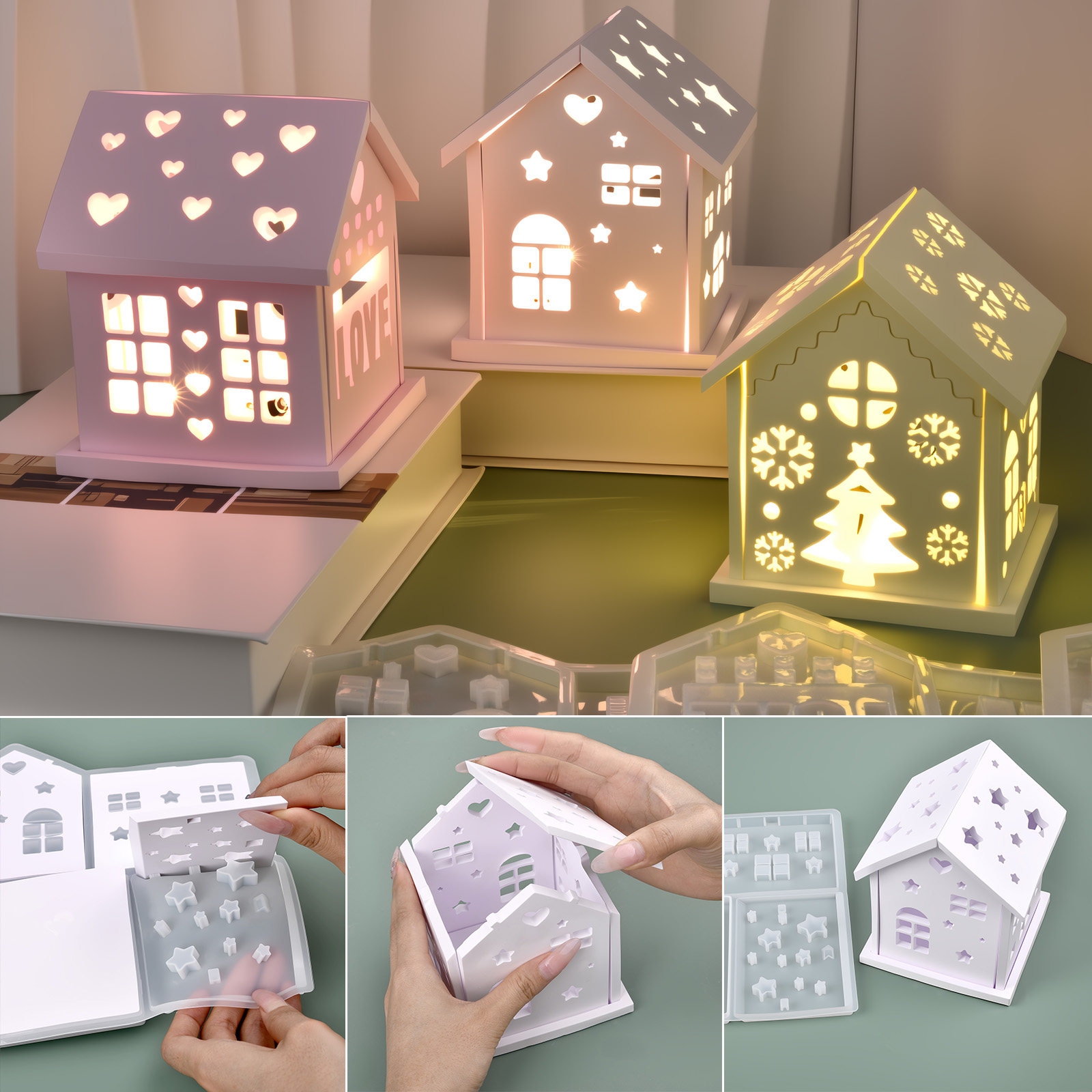 Candle Holder Set - 3D House Silicone Mold DIY Christmas